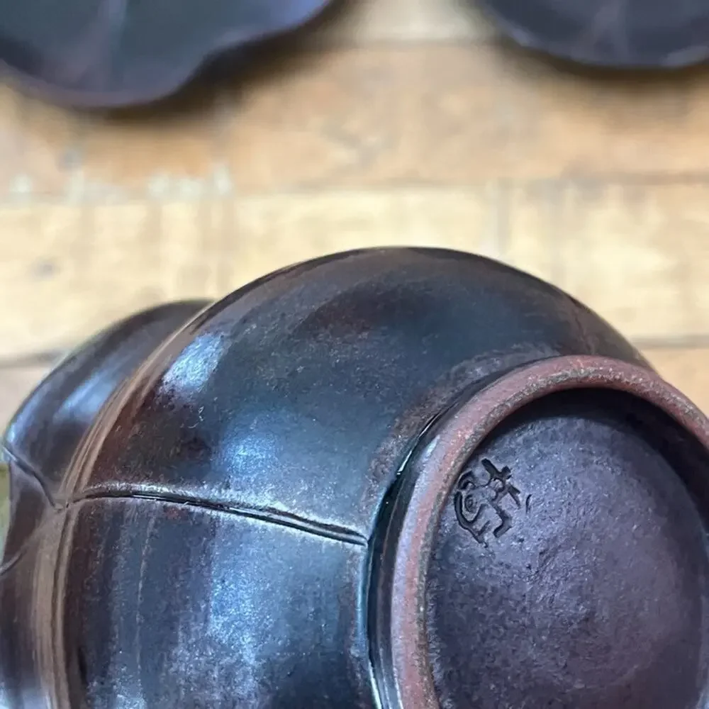 Japanese Pottery Ceramic Tea Cup & Plates 3 Piece Dark Brown Glaze Lotus Leaf